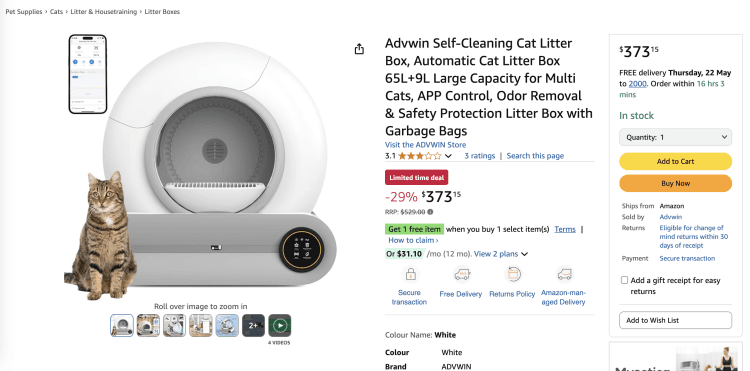 Amazon: Advwin Self-Cleaning Cat Litter Box- Was: $529.00, now $373.15